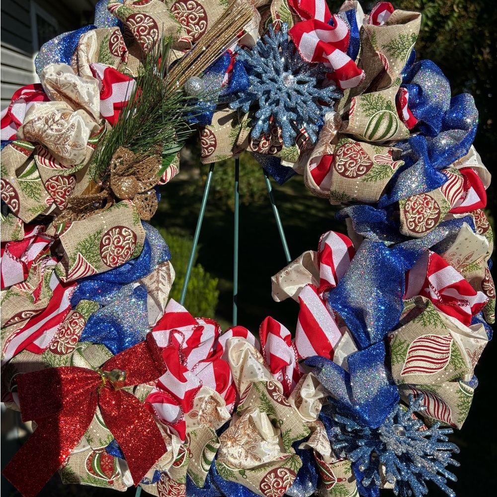 Vibrant Holiday Wreath with Red and Blue Accents